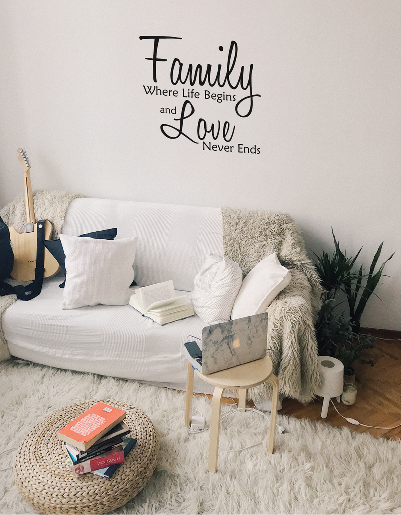 Family where life begins and love never ends decal on wall